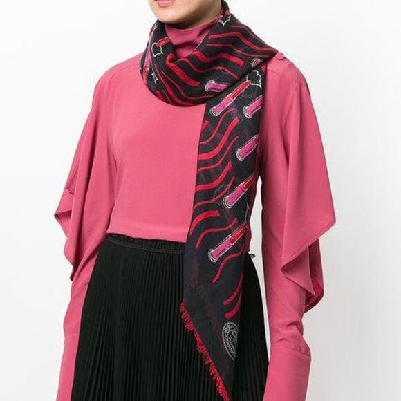 Valentino Silk Blend Scarf Zandra Rhodes Black Red Lipstick Print - Picture 1 of 8